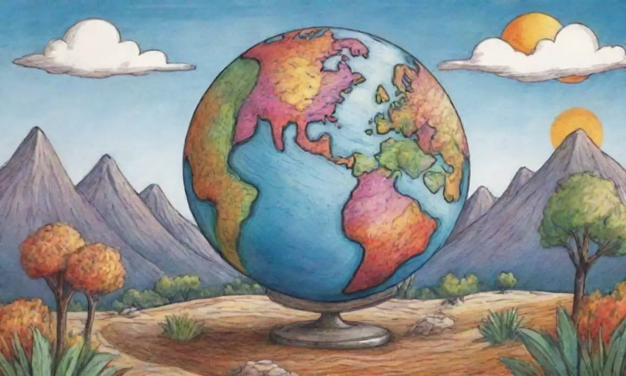Un diseño complejo y vibrante ilustra un globo con paisajes, viajeros y conceptos interconectados