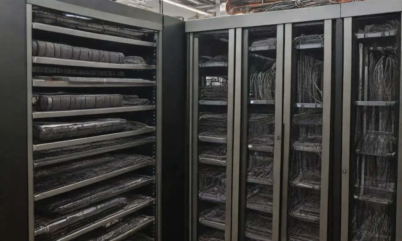 Un diseño de rack de servidores destaca por líneas audaces, texturas intrincadas y una composición equilibrada que invita a la exploración