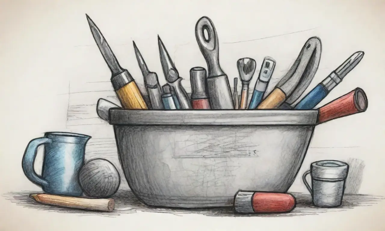 Un diseño complejo de herramientas interconectadas con sombras suaves, texturas y colores que destacan la precisión y creatividad en SEO
