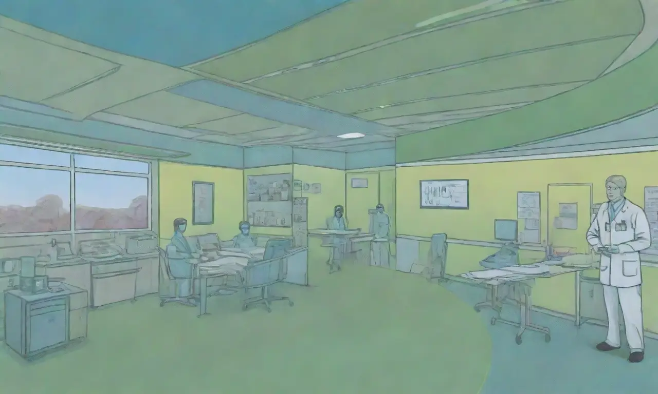 Una escena vibrante muestra interacción humana y tecnología en un entorno hospitalario