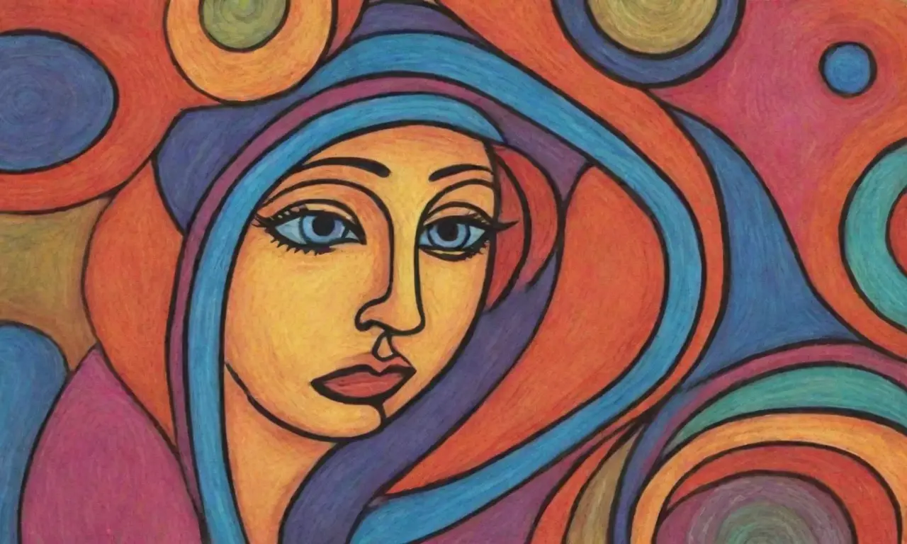 Una composición artística compleja y equilibrada que evoca emoción y movimiento a través de colores, texturas y formas