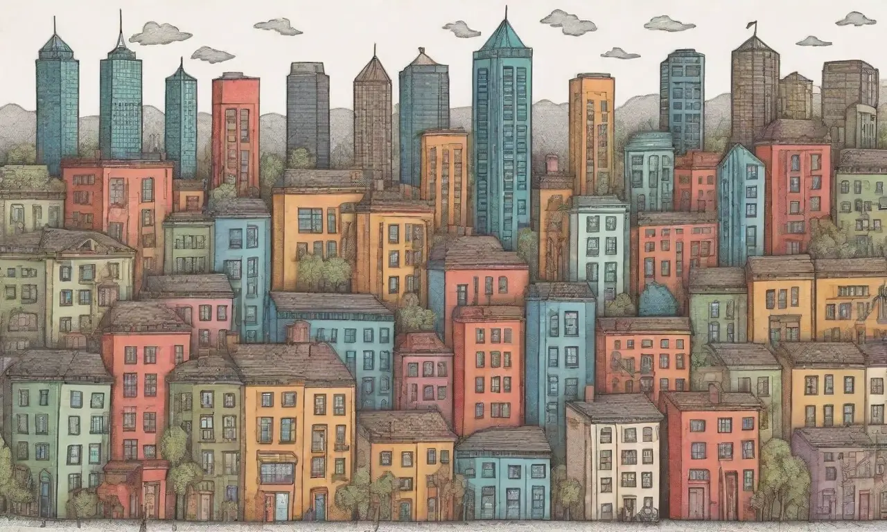 Un diseño urbano detallado combina líneas, sombras y colores vibrantes para crear una composición armoniosa y atractiva