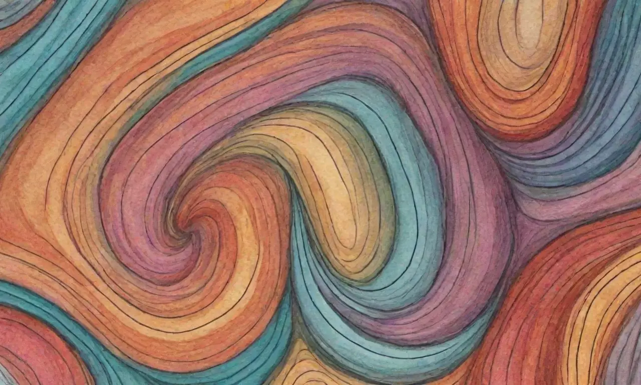 El diseño combina líneas audaces, sombras suaves, texturas intrincadas y colores vibrantes para crear una composición dinámica y compleja
