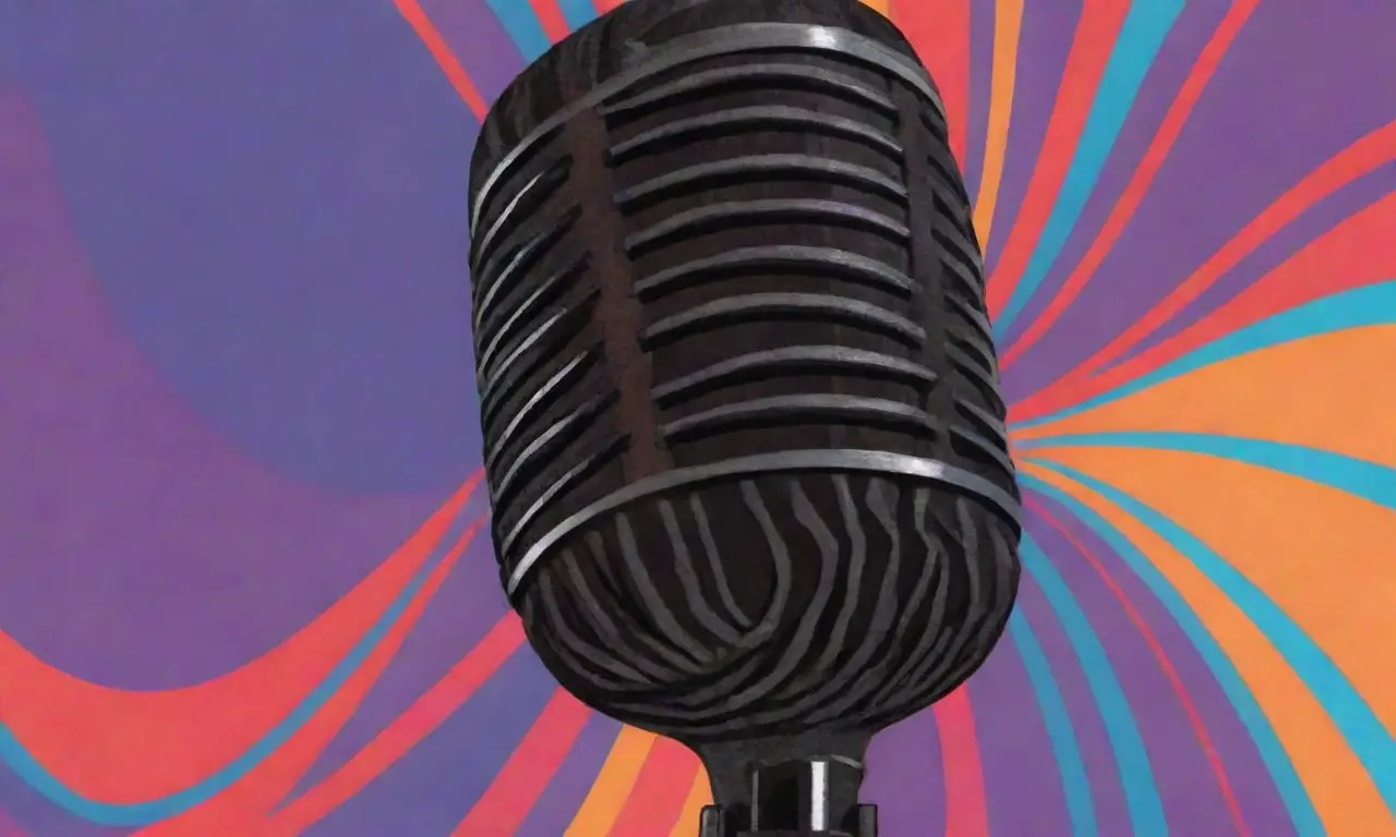 Un micrófono de podcast central rodeado de ondas sonoras y patrones vibrantes en un diseño equilibrado