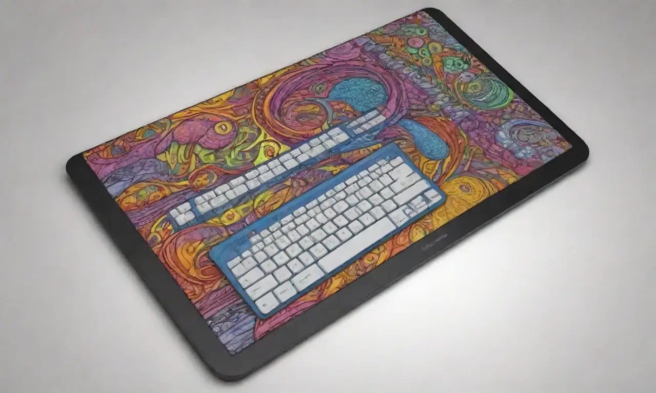 Un diseño vibrante y dinámico resalta un ordenador con texturas, sombras y colores que guían la mirada