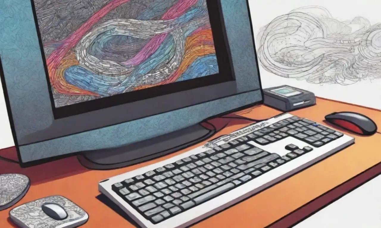 Un diseño vibrante y dinámico de un ordenador con texturas, sombras y colores armoniosos