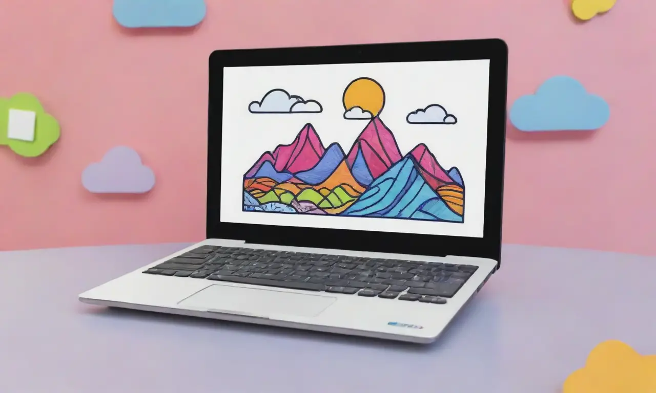Un diseño moderno y clásico de un laptop con colores vibrantes y detalles intrincados
