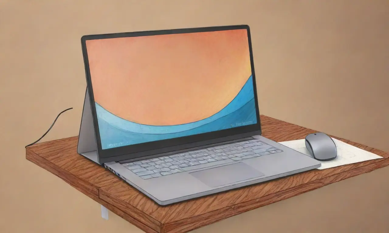 Un elegante laptop sobre un escritorio de madera con colores vibrantes y una atmósfera acogedora