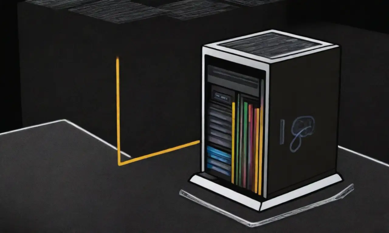 Un dibujo de un servidor con líneas audaces, texturas intrincadas y colores vibrantes que representan la transferencia de datos y opciones de hosting