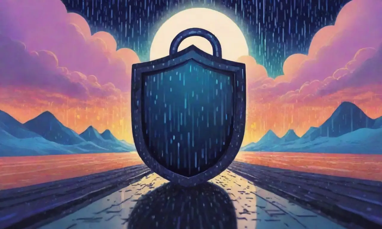 Un paisaje digital vibrante y dinámico con colores contrastantes y elementos de seguridad