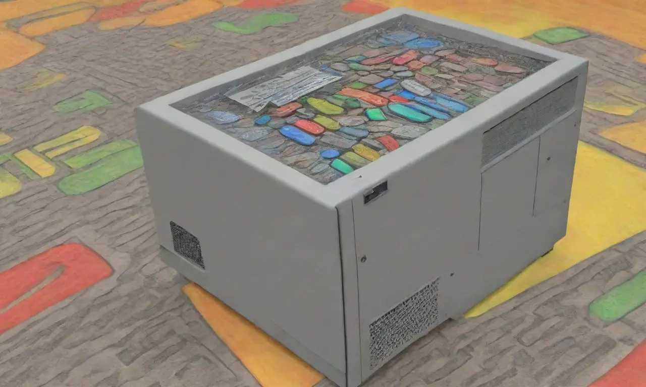 Un servidor de computadora con líneas audaces, colores vibrantes y texturas intrincadas crea una composición dinámica y moderna