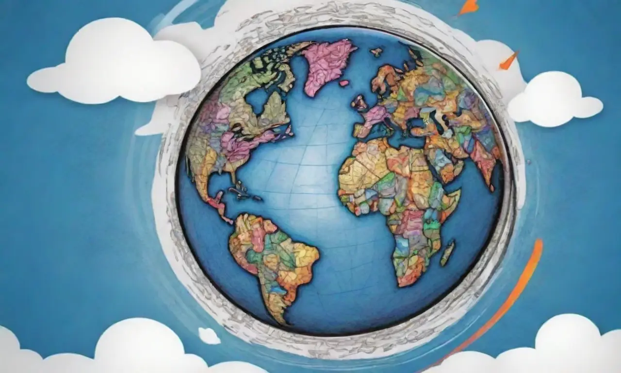 Un diseño complejo y vibrante representa un globo con iconos de servidor y flujos de datos