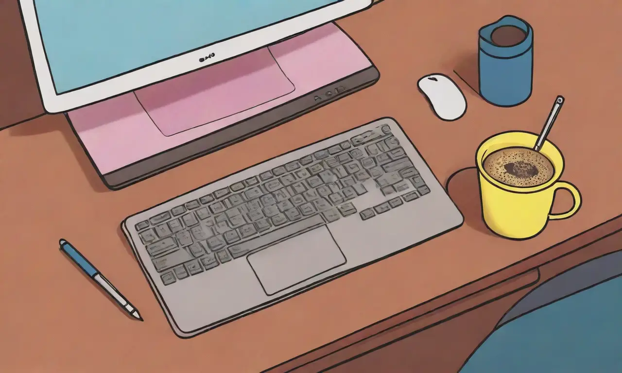 Un diseño vibrante y equilibrado resalta un laptop, teclado y elementos creativos en un entorno acogedor