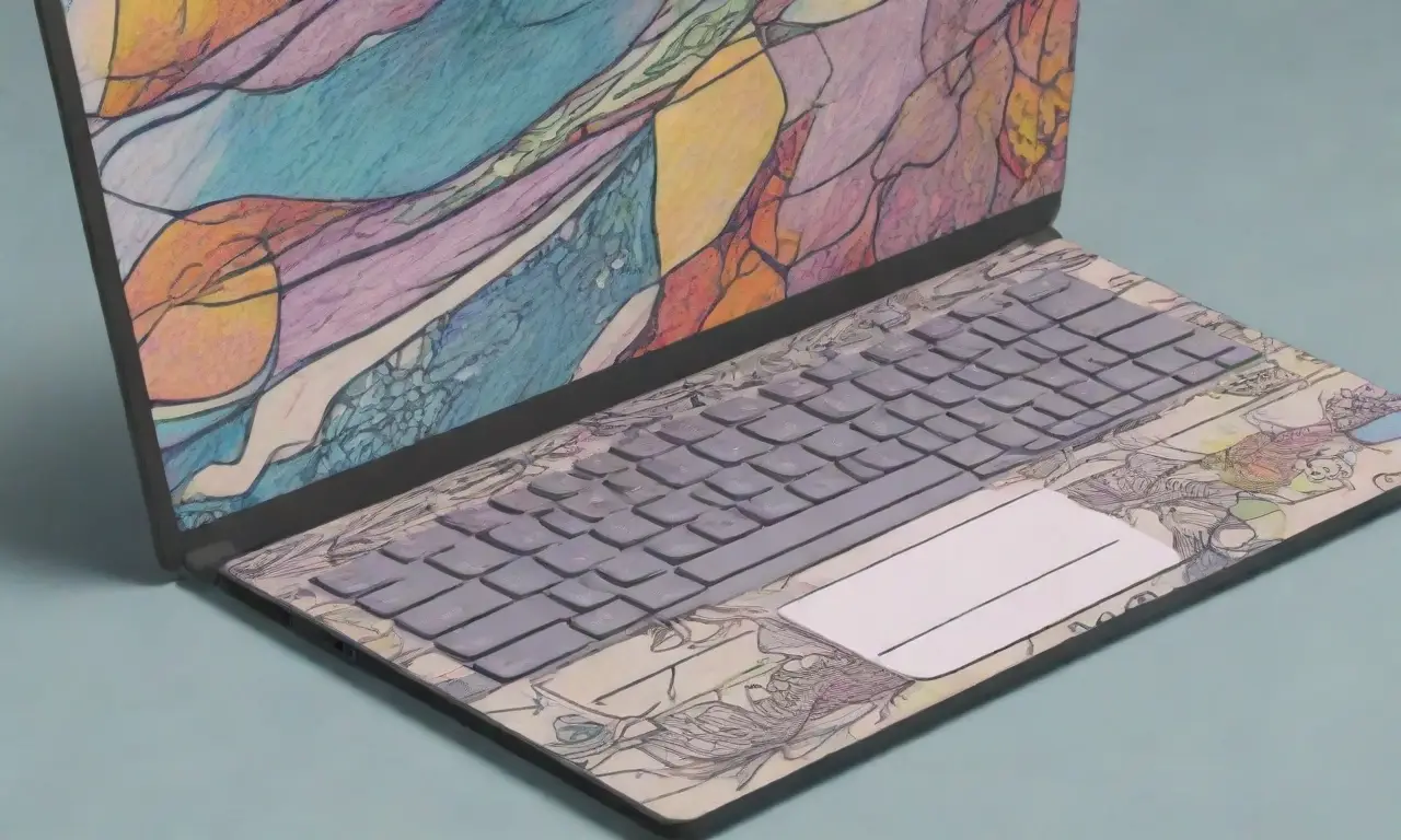 Un elegante laptop con líneas audaces, sombras suaves y colores vibrantes en su interfaz
