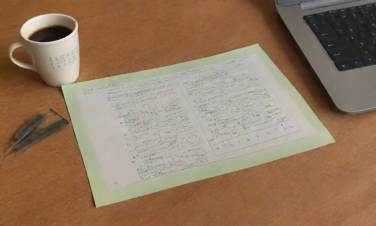 Un dibujo detallado de un escritorio con una computadora, notas, café y una planta, que evoca enfoque y creatividad