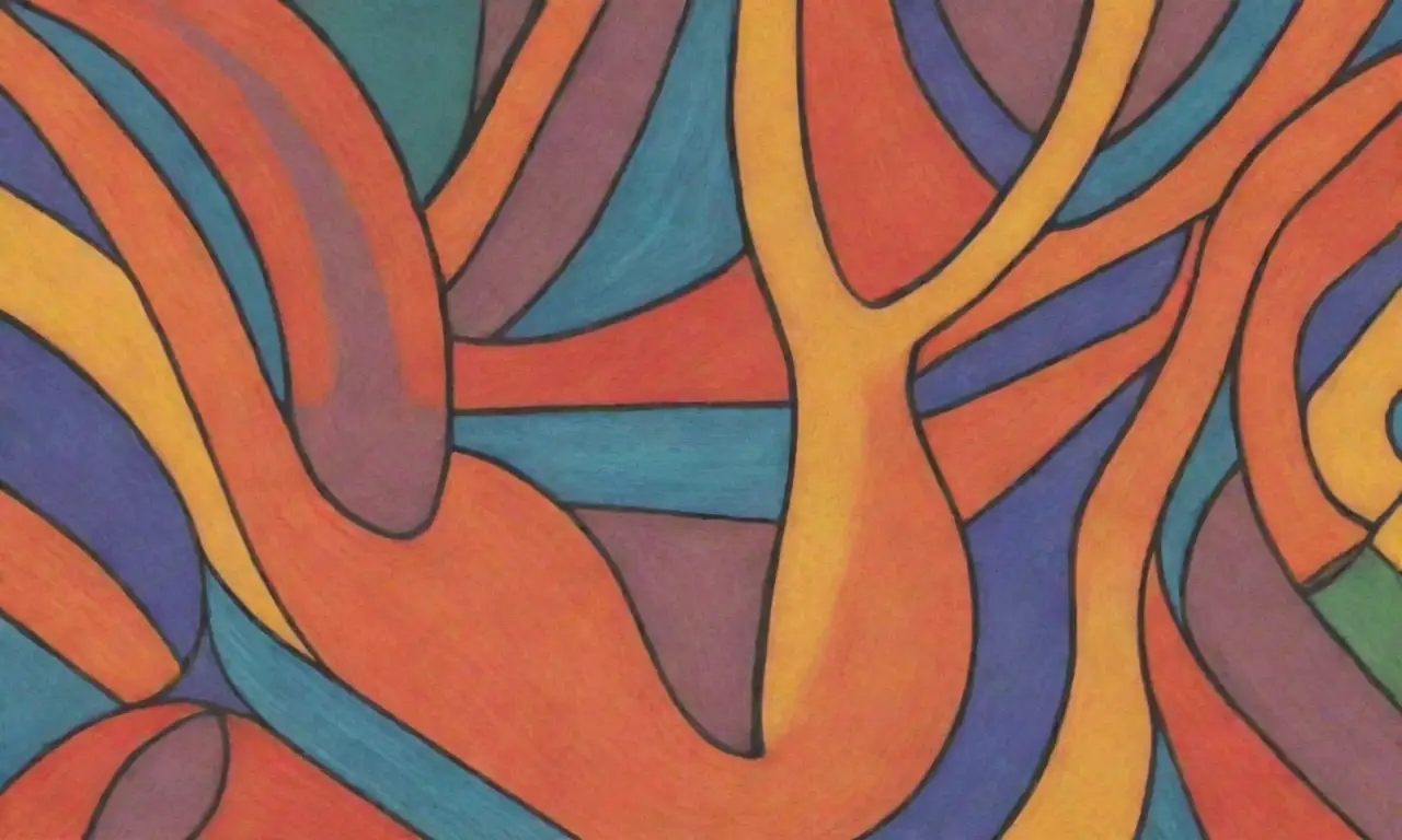 Líneas audaces, colores vibrantes y texturas intrincadas crean una composición dinámica y armoniosa