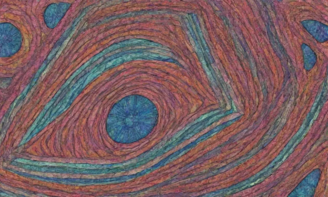 Una compleja estructura visual combina líneas intrincadas, colores vibrantes y patrones orgánicos con un equilibrio armónico