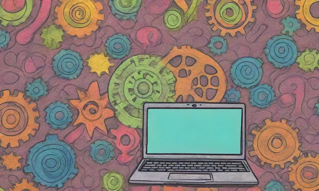Un diseño vibrante y dinámico de un laptop con texturas, patrones y elementos visuales que simbolizan ideas y crecimiento