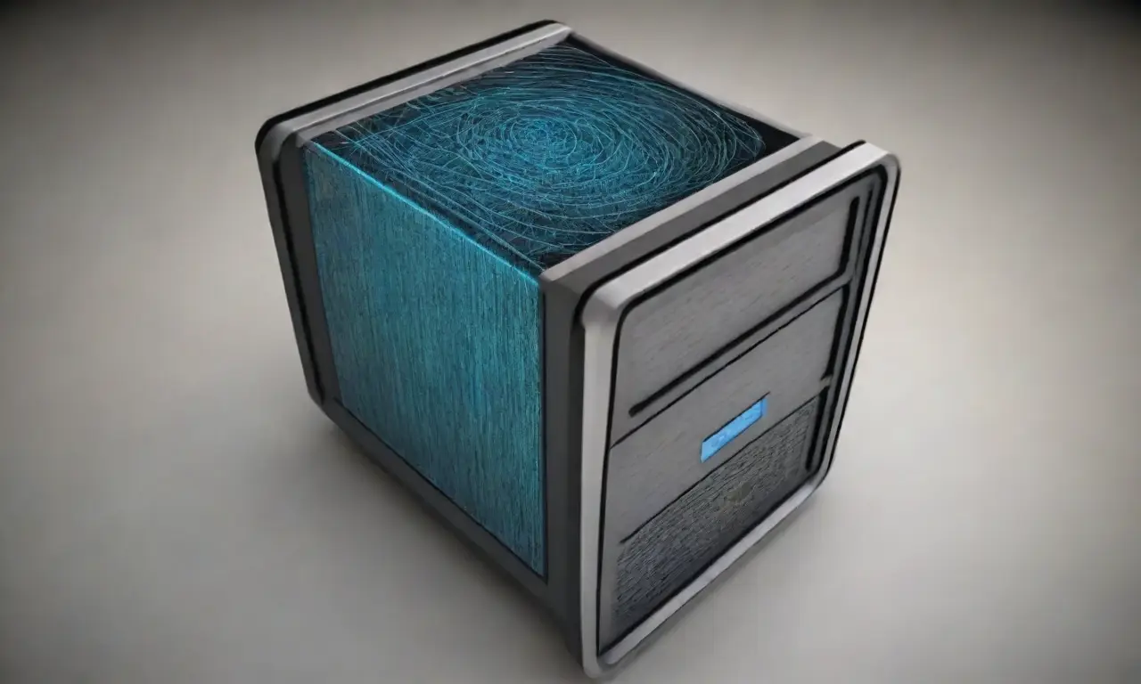 Un diseño visualmente atractivo y equilibrado representa un servidor seguro con texturas, colores y formas que simbolizan la confiabilidad y la complejidad del hosting