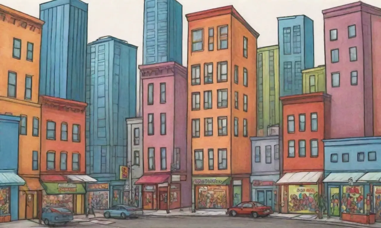 Líneas audaces y colores vibrantes crean una compleja representación de una ciudad y su crecimiento online