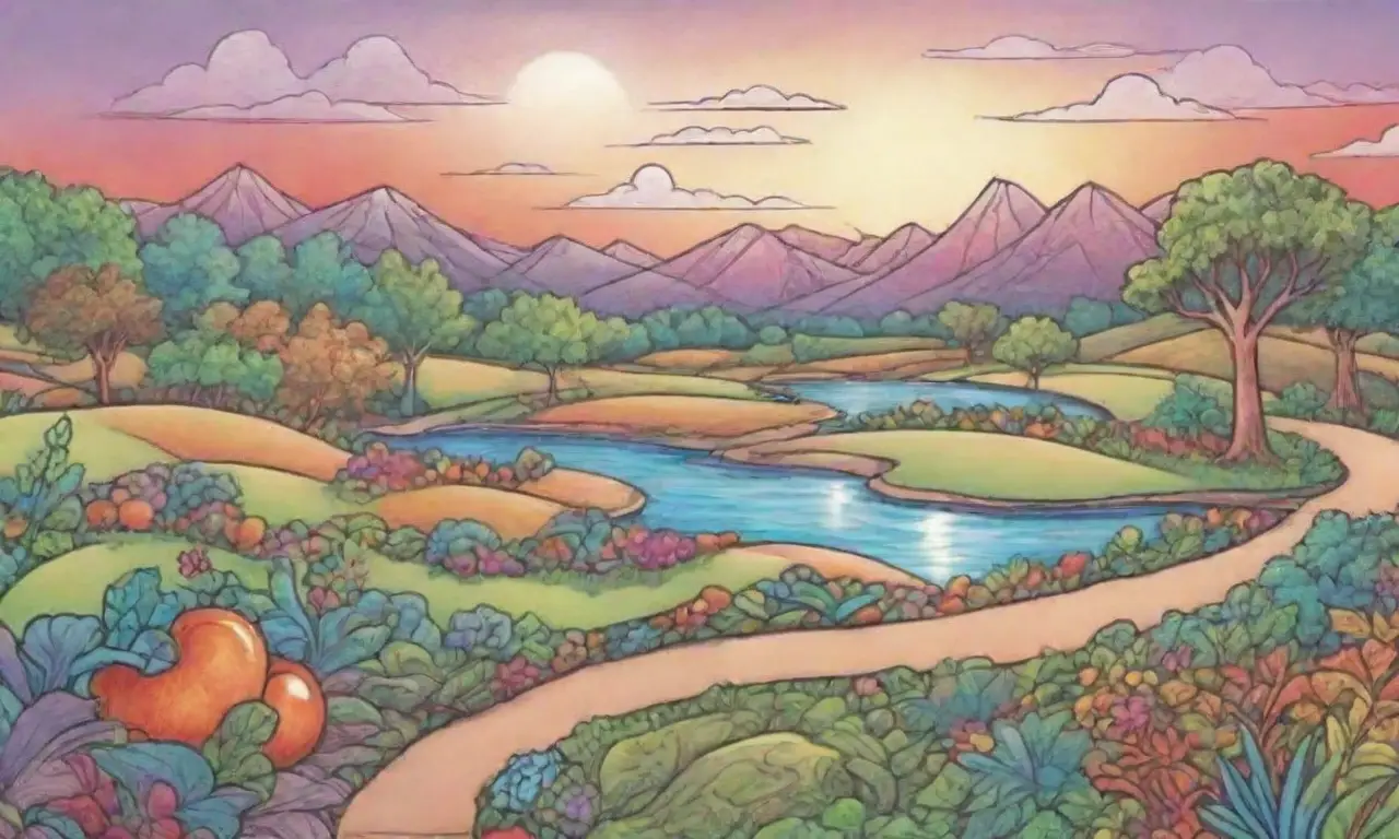 Un paisaje saludable vibrante con líneas audaces, texturas intrincadas y colores suaves evoca conexión y progreso