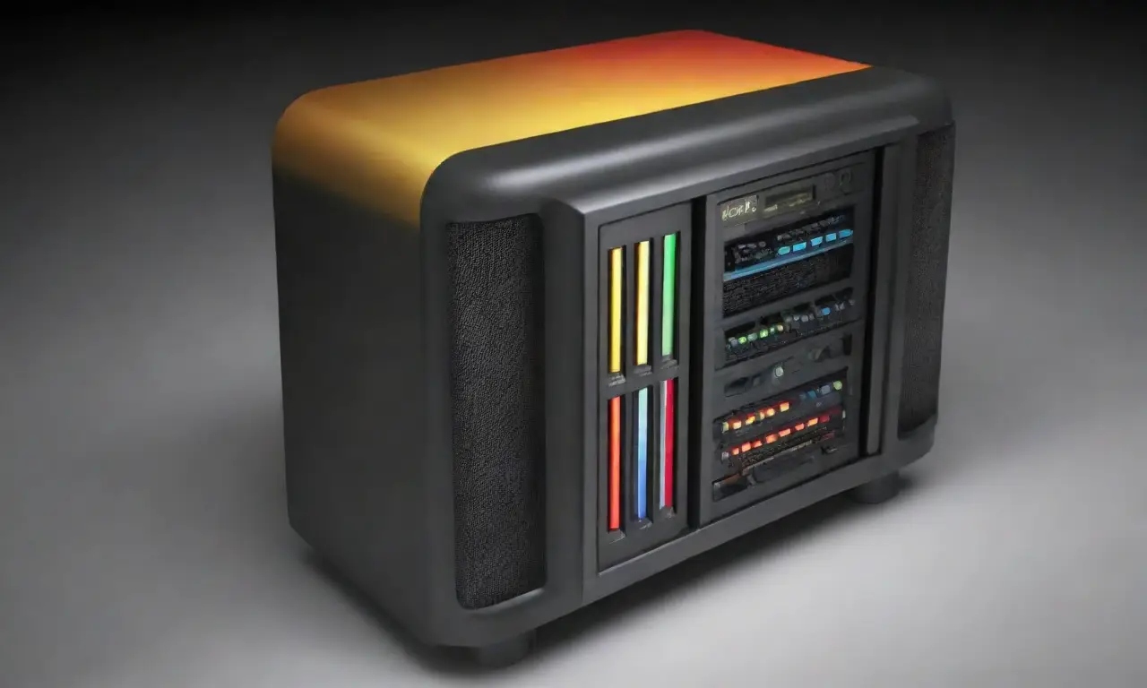 Un servidor de computadora con líneas audaces, texturas intrincadas y colores vibrantes en un diseño equilibrado y moderno