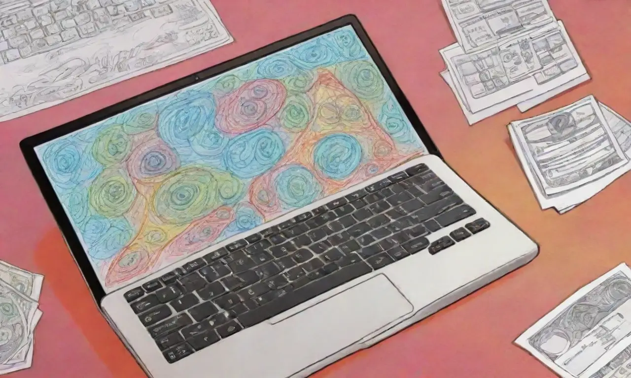 Un diseño vibrante y dinámico que representa un laptop con detalles de un blog, tráfico, SEO y crecimiento