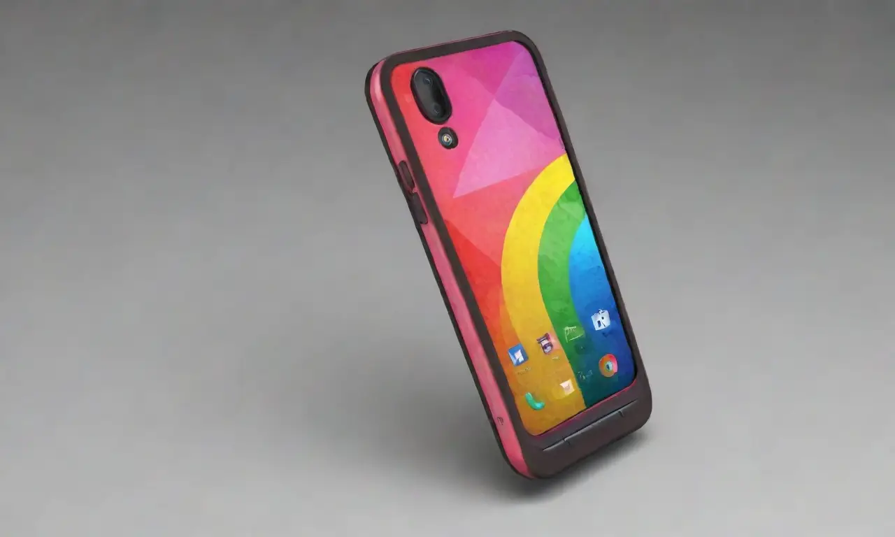 El diseño del smartphone combina líneas audaces, sombras suaves y colores vibrantes para resaltar su interfaz digital y características clave