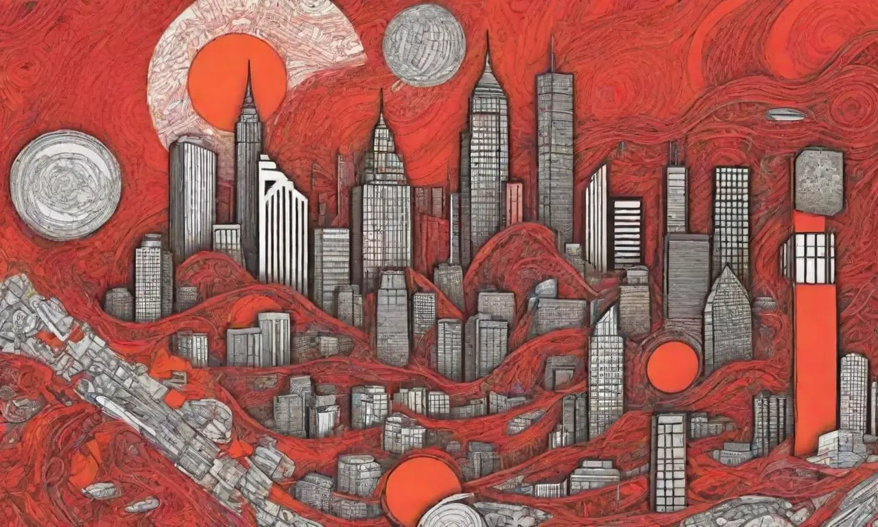 Una composición vibrante con colores rojos y naranjas, líneas audaces, texturas intrincadas y un equilibrio dinámico entre caos y orden