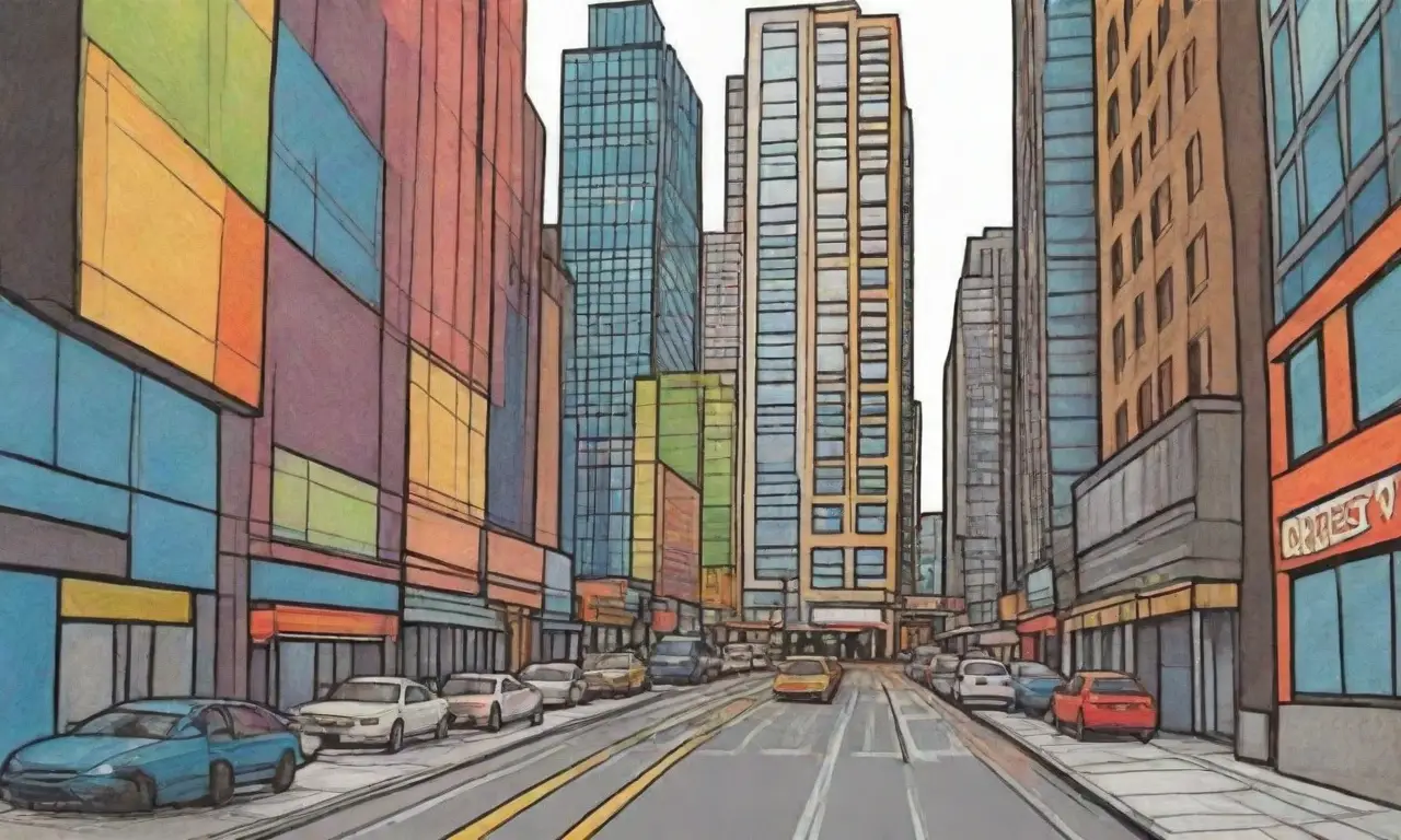 Una ciudad vibrante y dinámica se representa con líneas audaces, sombras suaves y colores modernos