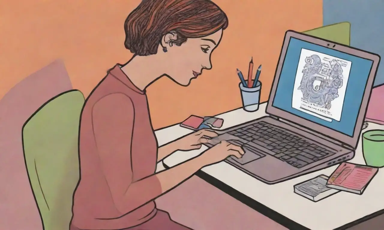 Una figura central reflexiona junto a un laptop abierto, rodeada de colores vibrantes y un ambiente complejo que invita a la toma de decisiones