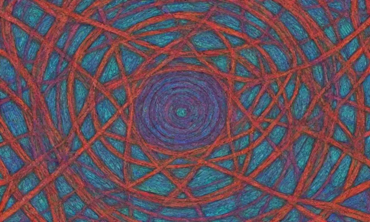 Un diseño complejo combina líneas intrincadas, colores vibrantes y texturas que evocan una interfaz moderna