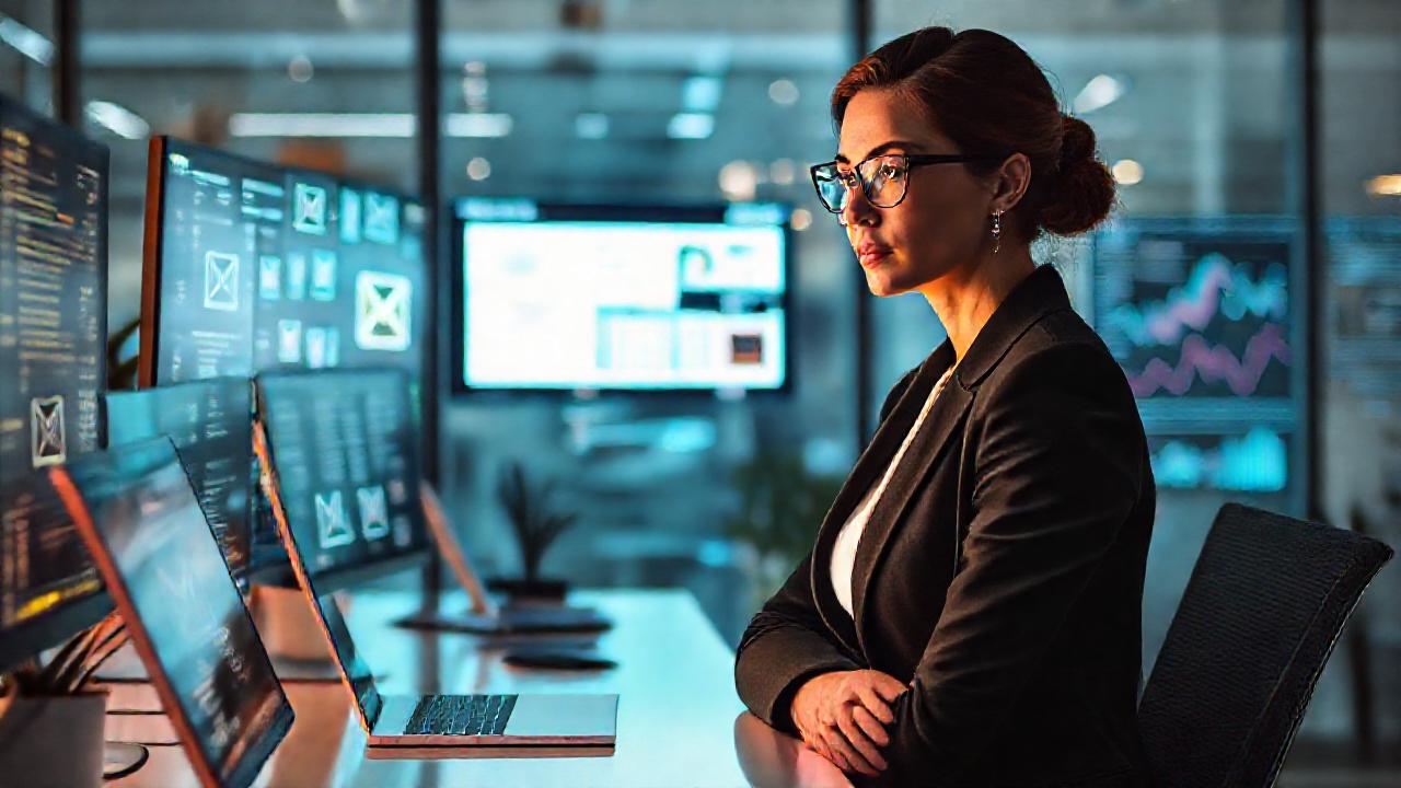 Mujer enfocada en marketing digital moderno