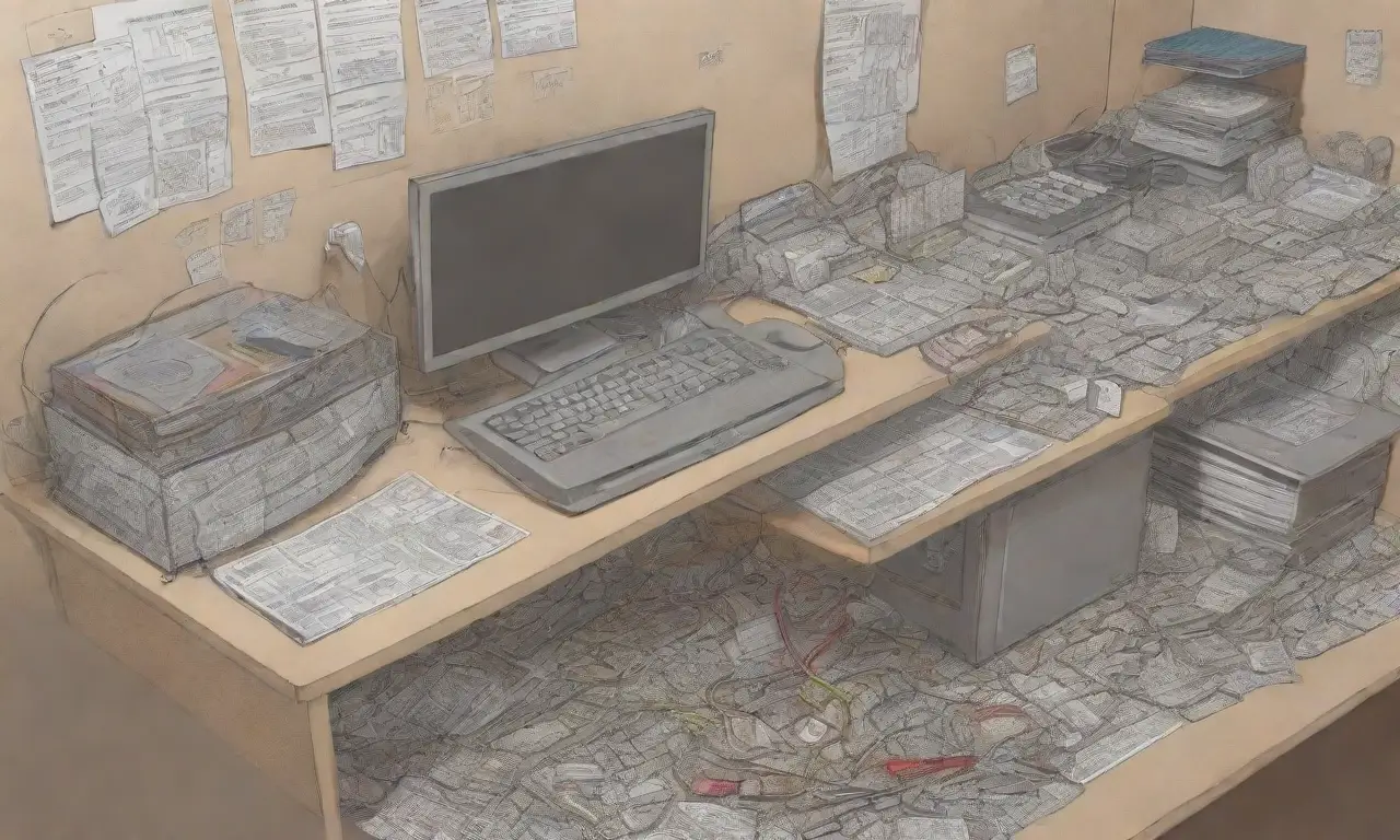 Un espacio de trabajo caótico con papeles desordenados y elementos que simbolizan confusión y éxito