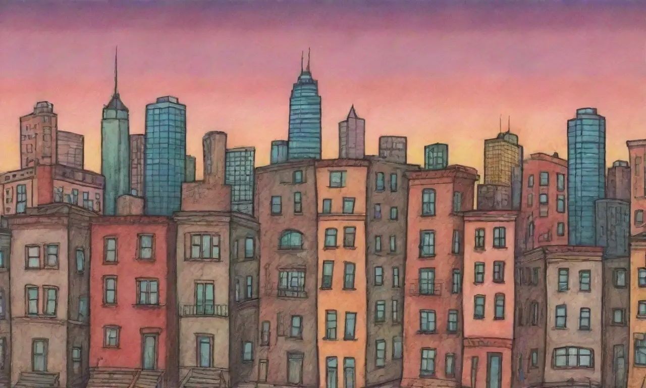 Un paisaje urbano vibrante y complejo se despliega con líneas intrincadas, colores vivos y texturas variadas