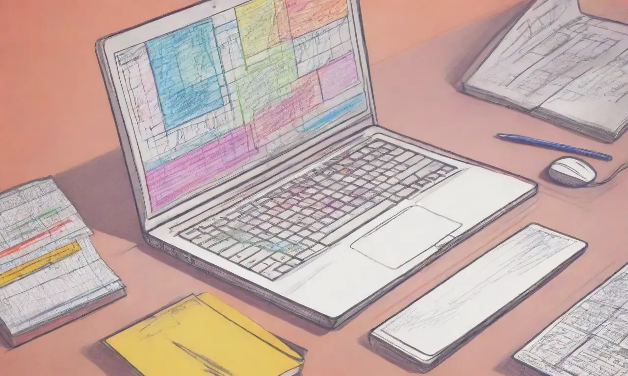 Un diseño vibrante y detallado de un laptop con gráficos complejos y texturas que atraen la atención
