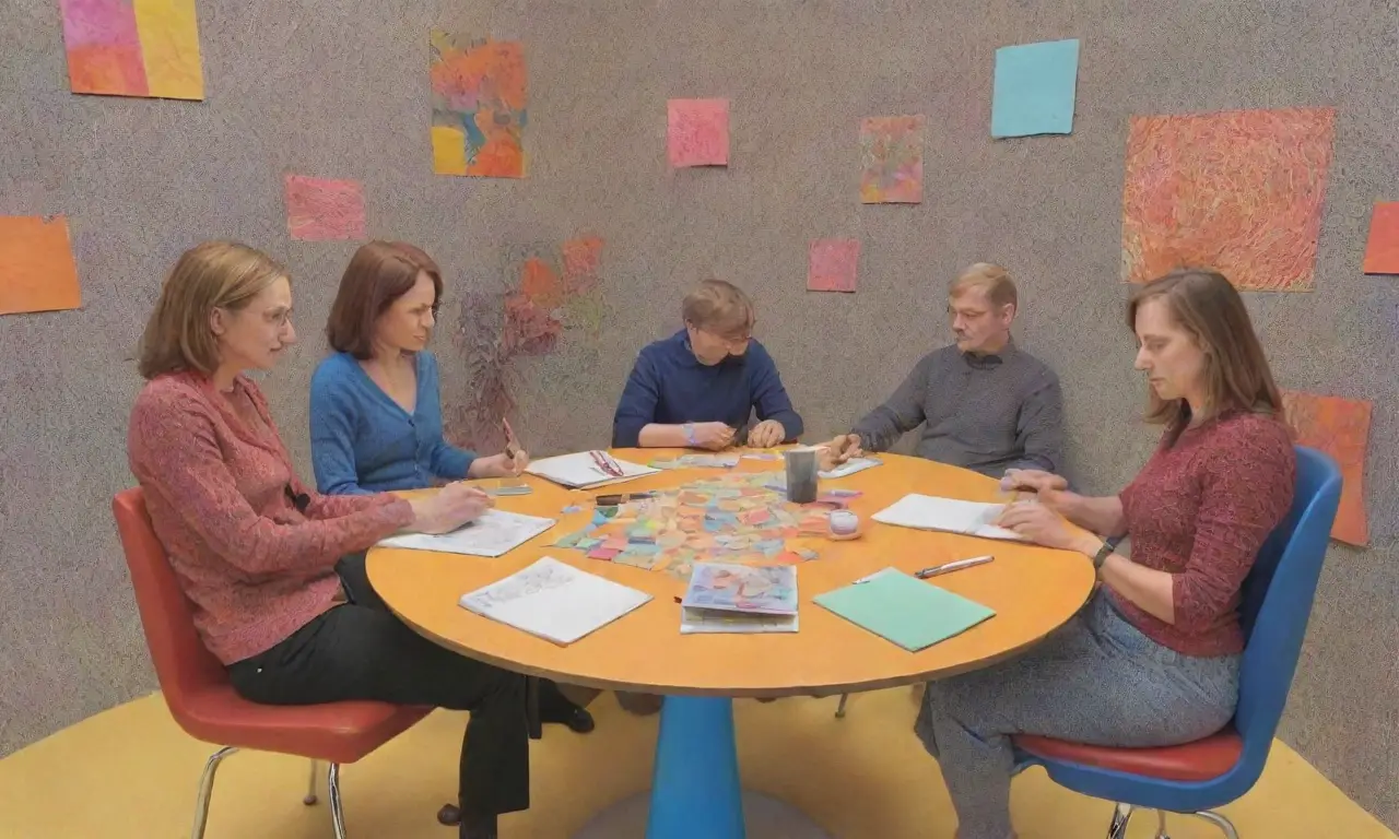 Una mesa circular rodeada de figuras dinámicas discutiendo, con notas vibrantes y un ambiente creativo
