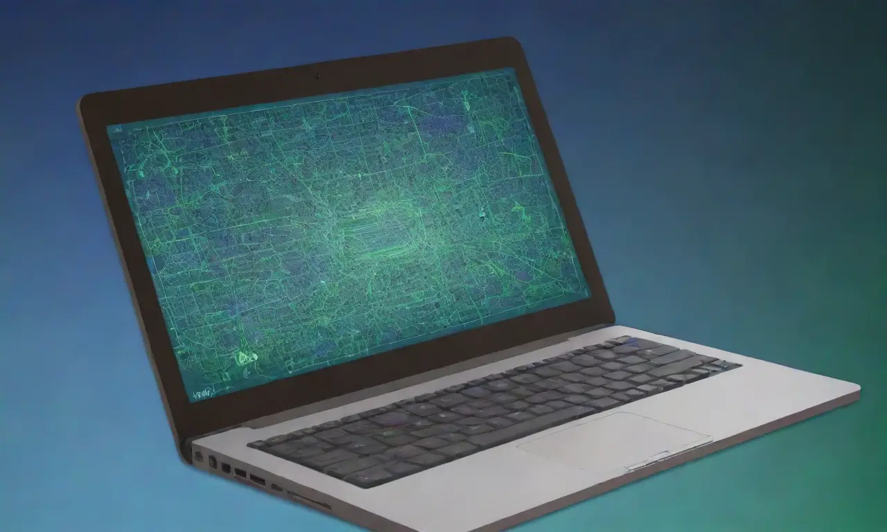 Un diseño moderno de laptop con patrones de circuitos, sombras suaves y colores vibrantes en un fondo texturizado
