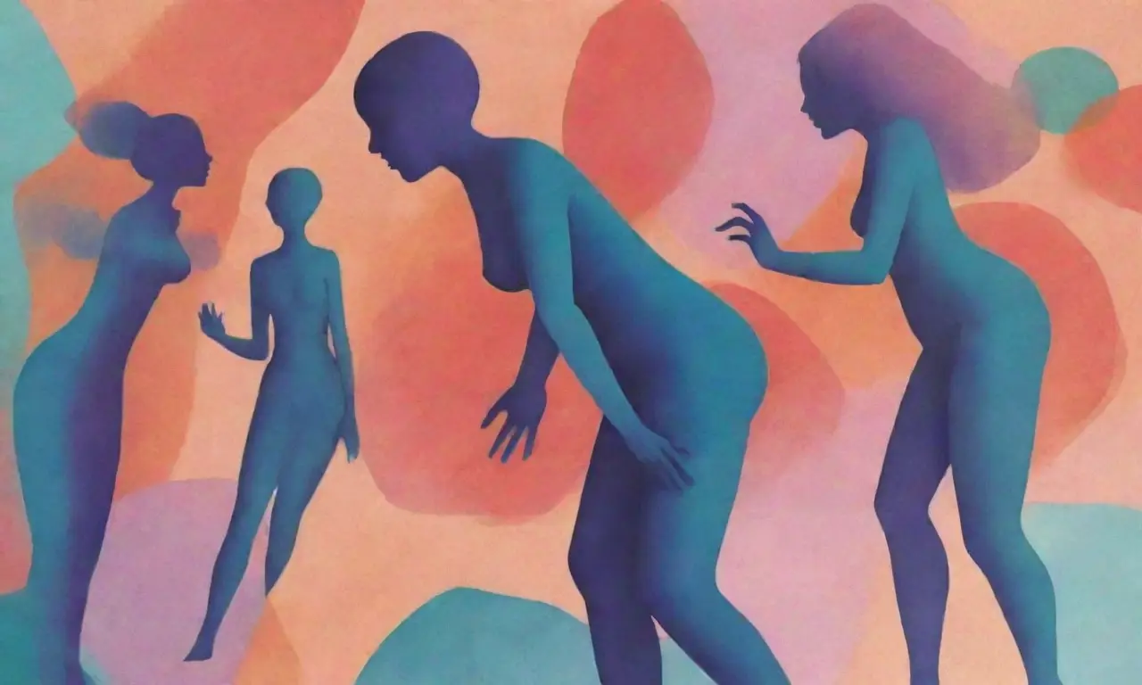 Siluetas dinámicas y formas superpuestas con colores vibrantes y texturas que representan interacción y creatividad