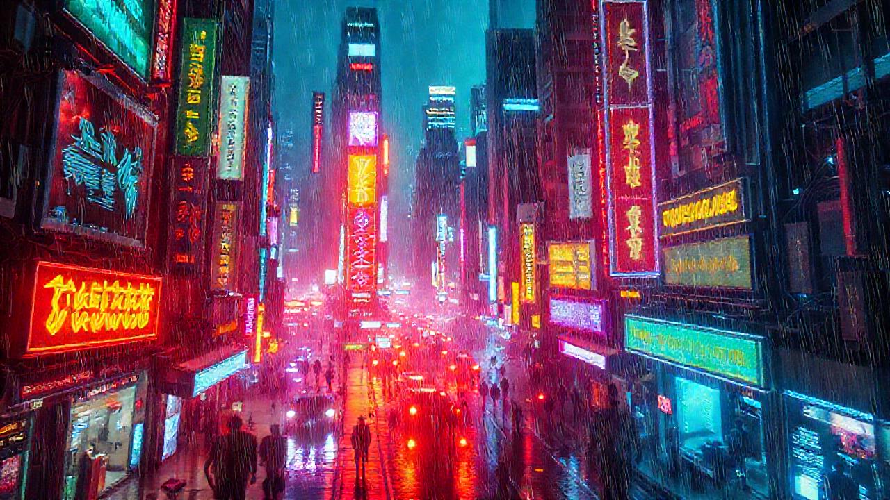 Ciudad cyberpunk brillante, digital y lluviosa