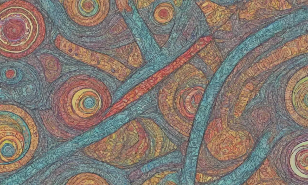 Diseño complejo y equilibrado con líneas intrincadas, colores vibrantes y una atmósfera informativa