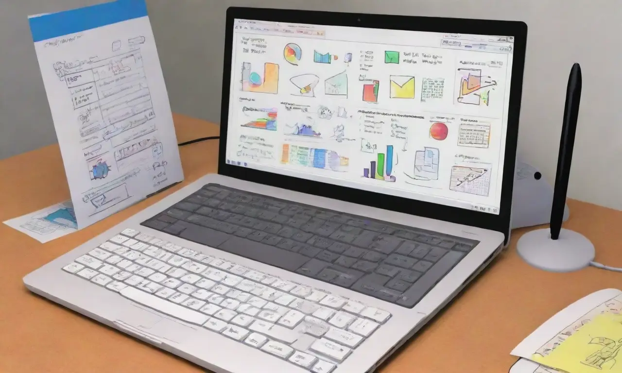 Un diseño dinámico de un laptop con iconos de correo vibrantes y elementos texturizados que crean profundidad y equilibrio
