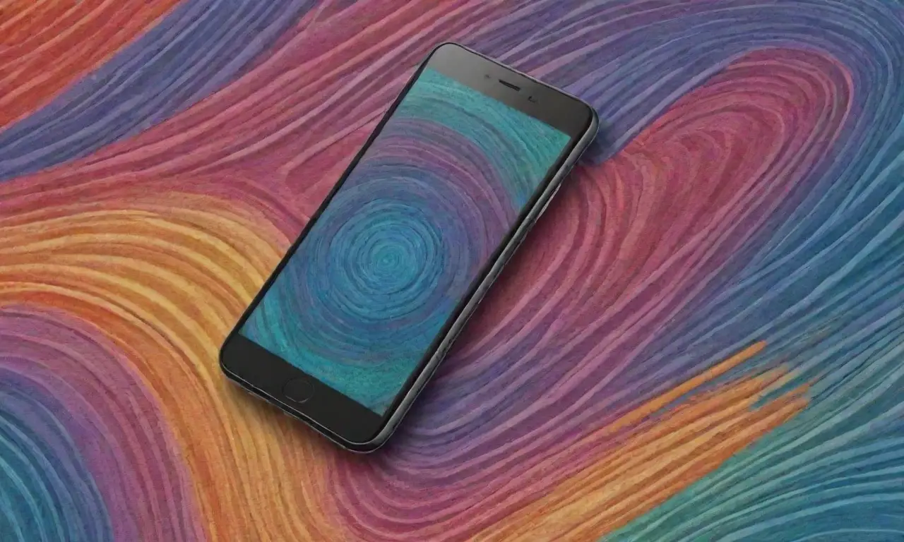 Un smartphone vibrante rodeado de líneas elegantes y colores contrastantes que destacan sus características