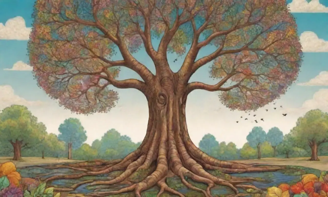 Un árbol central con raíces intrincadas y colores vibrantes en un paisaje armonioso