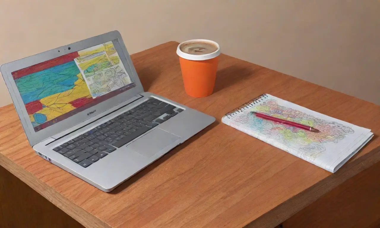 Un ambiente creativo y productivo se refleja en un laptop rodeado de elementos vibrantes y texturas cálidas