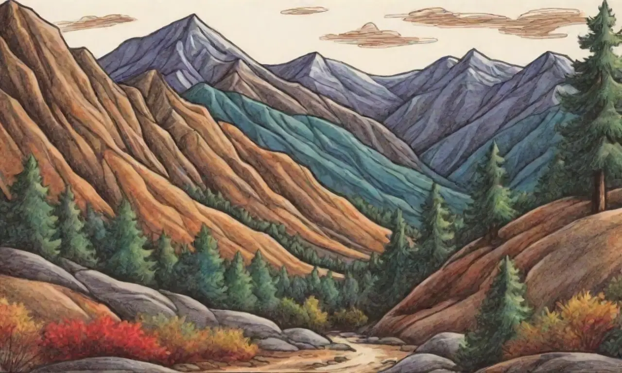 Un paisaje montañoso se presenta con líneas audaces, sombras suaves, texturas intrincadas y colores vibrantes que destacan elementos clave y simbolizan oportunidades y riesgos