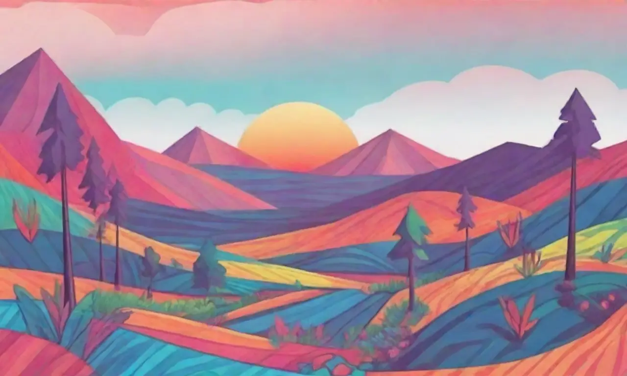 Paisaje digital vibrante con formas geométricas, gradientes suaves y una paleta de colores armoniosa