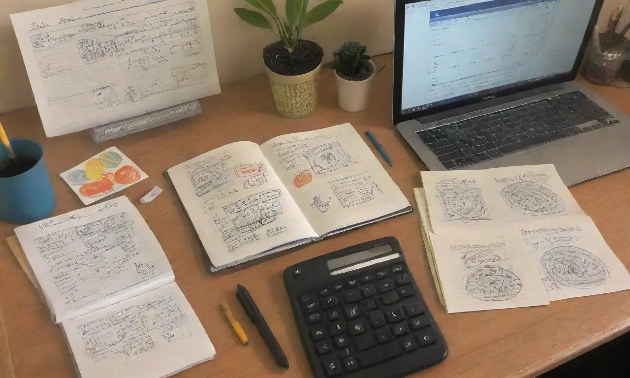 Un blog vibrante con laptop, notas, café, gráficos y luz cálida crea una atmósfera de caos organizado