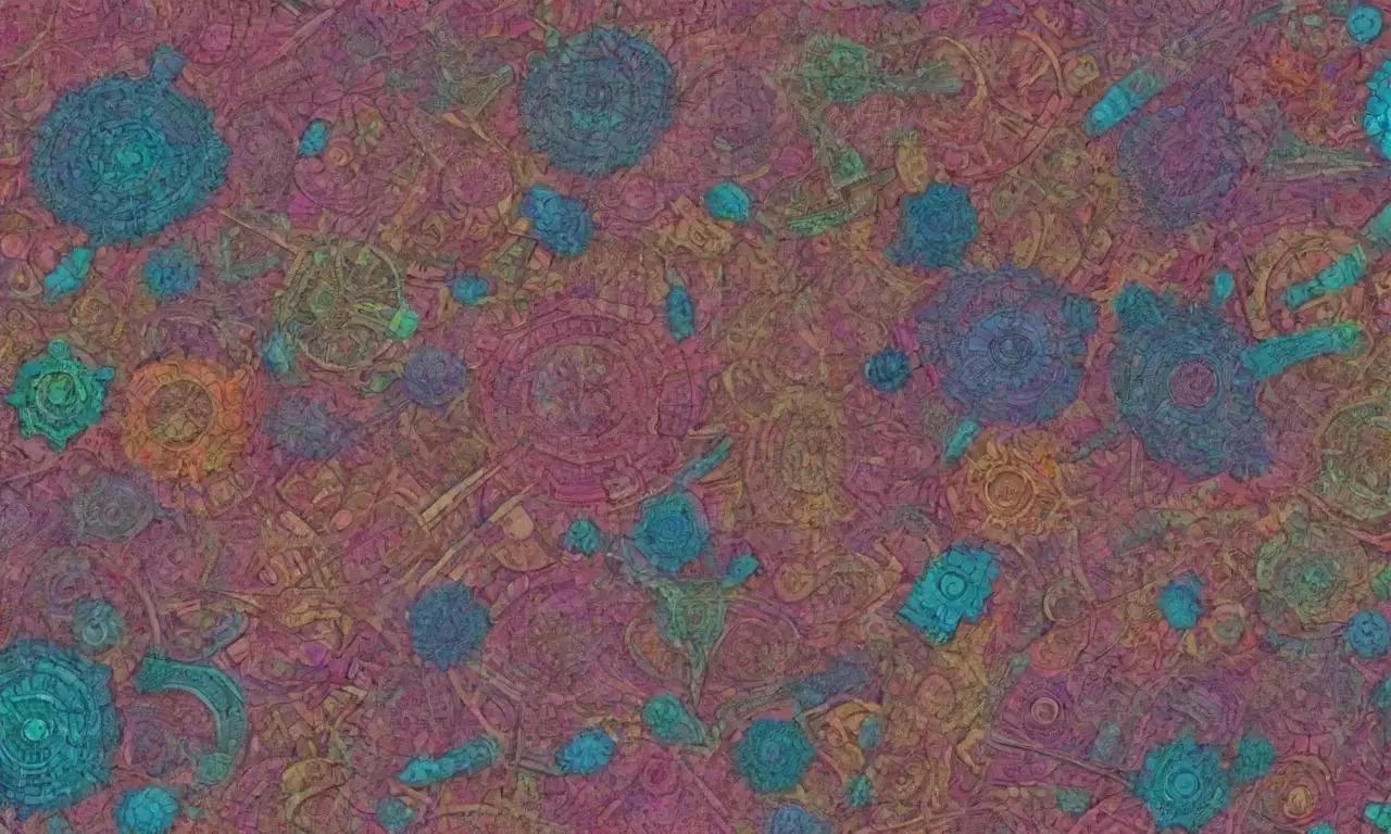 Un paisaje digital vibrante combina tecnología y creatividad con formas intrincadas y colores contrastantes