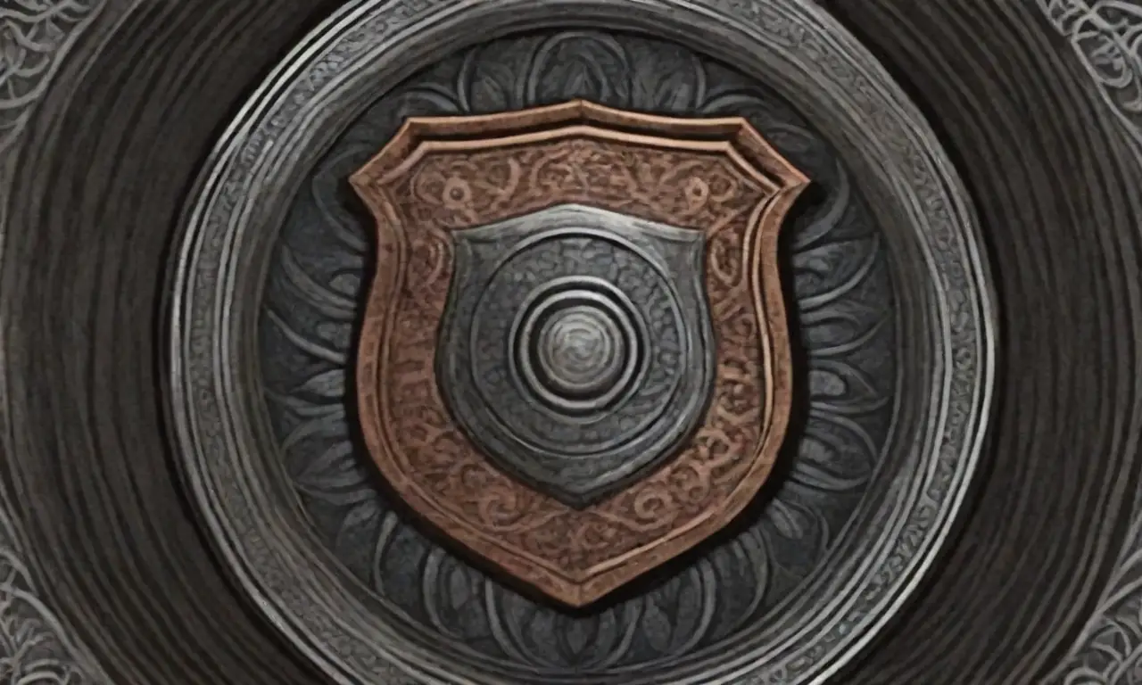 Un escudo con líneas definidas, sombras suaves, patrones intrincados y elementos geométricos crea una composición equilibrada y atractiva